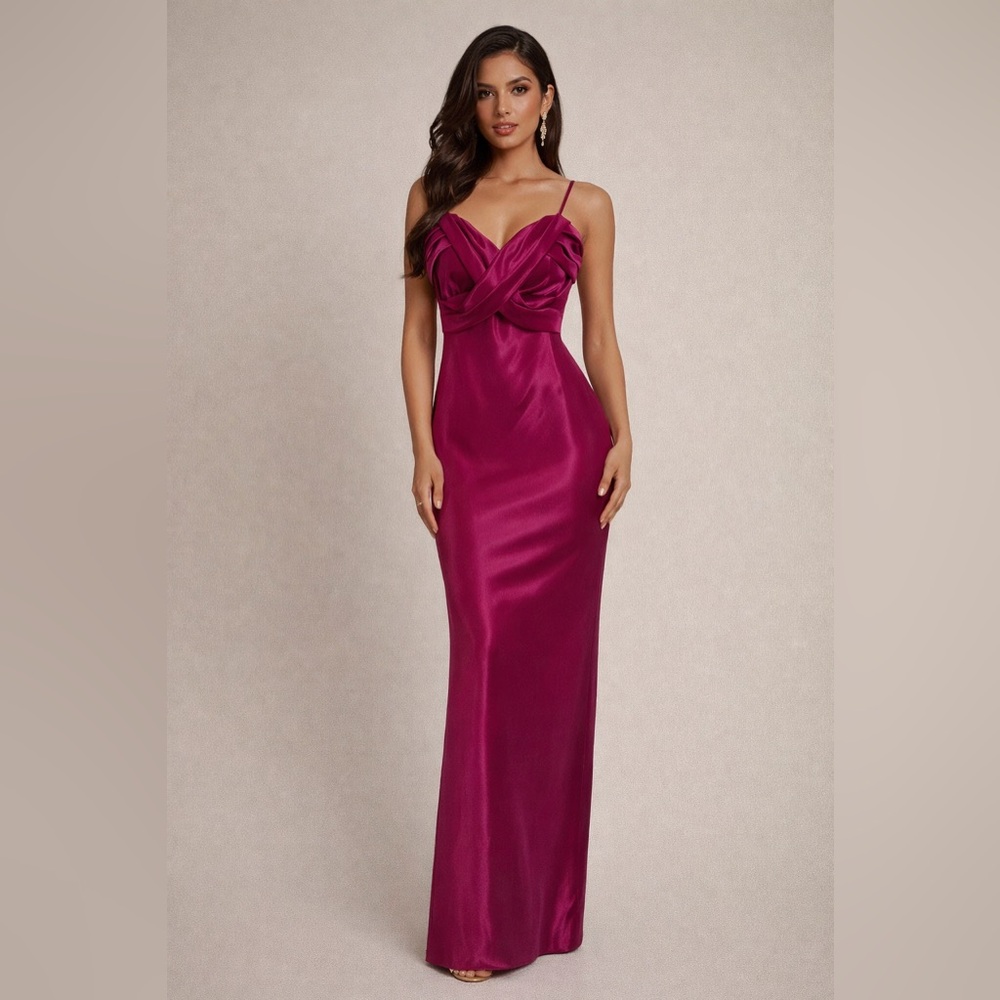 Vintage Y2K Maria Bonita Magenta Satin Prom Dress – Draped Bust Evening Gown SML